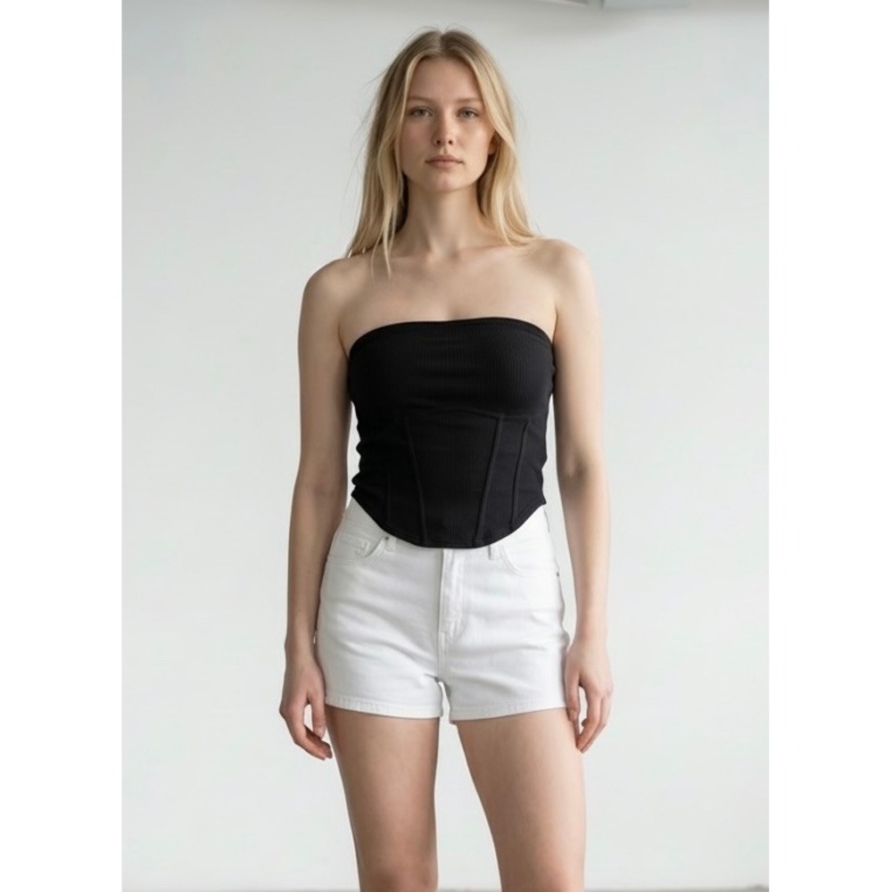 PINK Victoria's Secret Black Ribbed‎ Corset Tube Top Bralette XXL Curved Hem